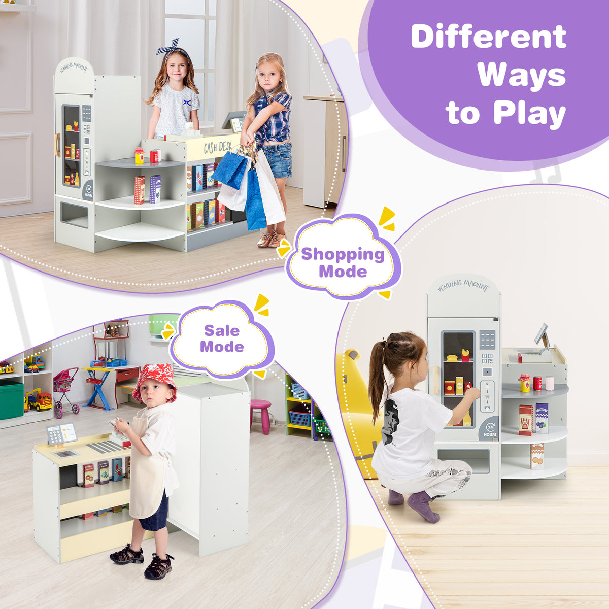 Different ways to play with the grocery store playset, showing shopping and sale modes