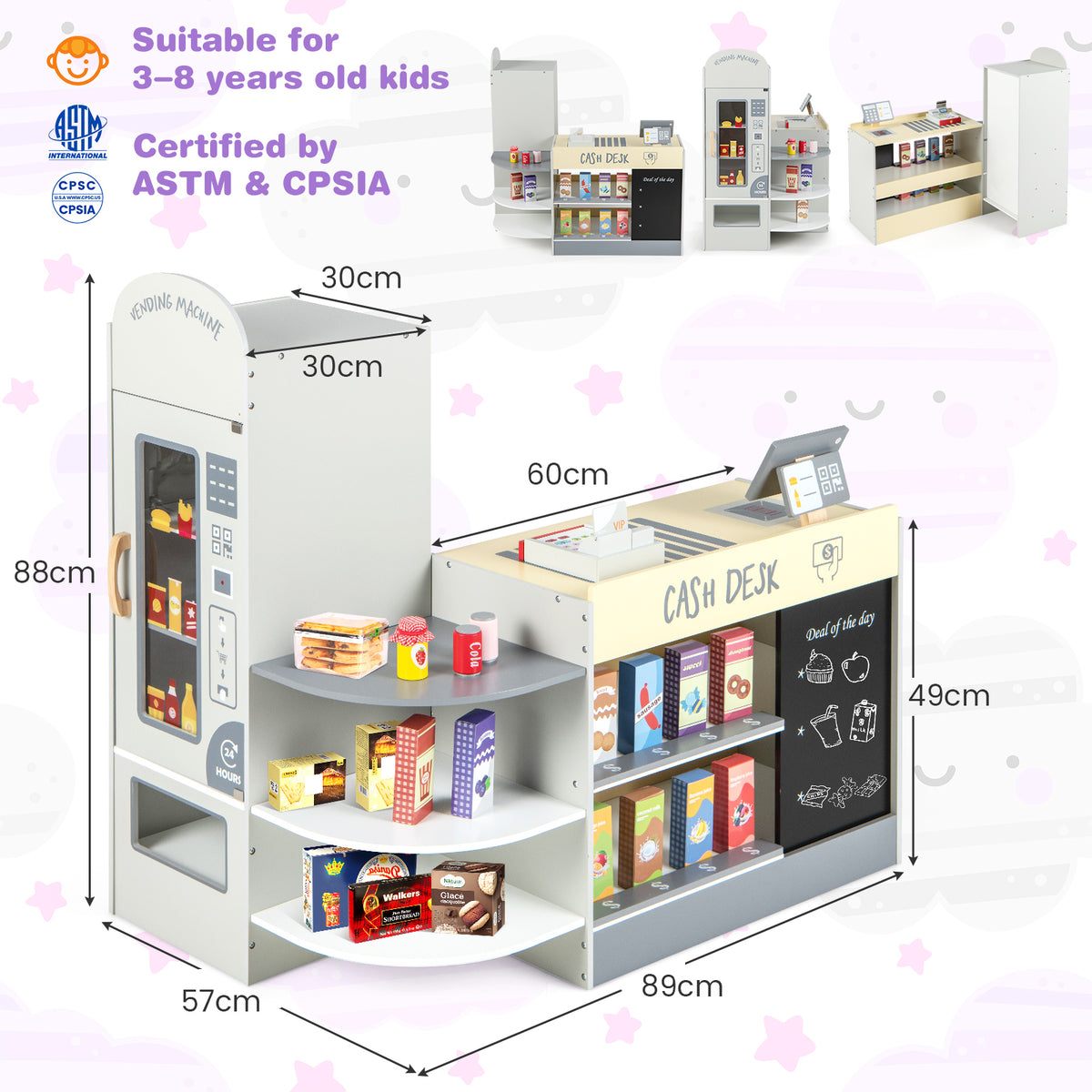 Dimensions of the grey grocery store playset with children and accessories