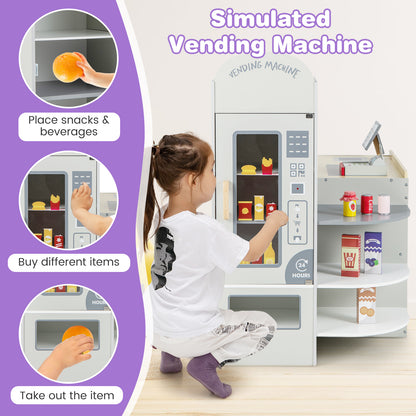 Simulated vending machine section of the grocery store playset with a child interacting