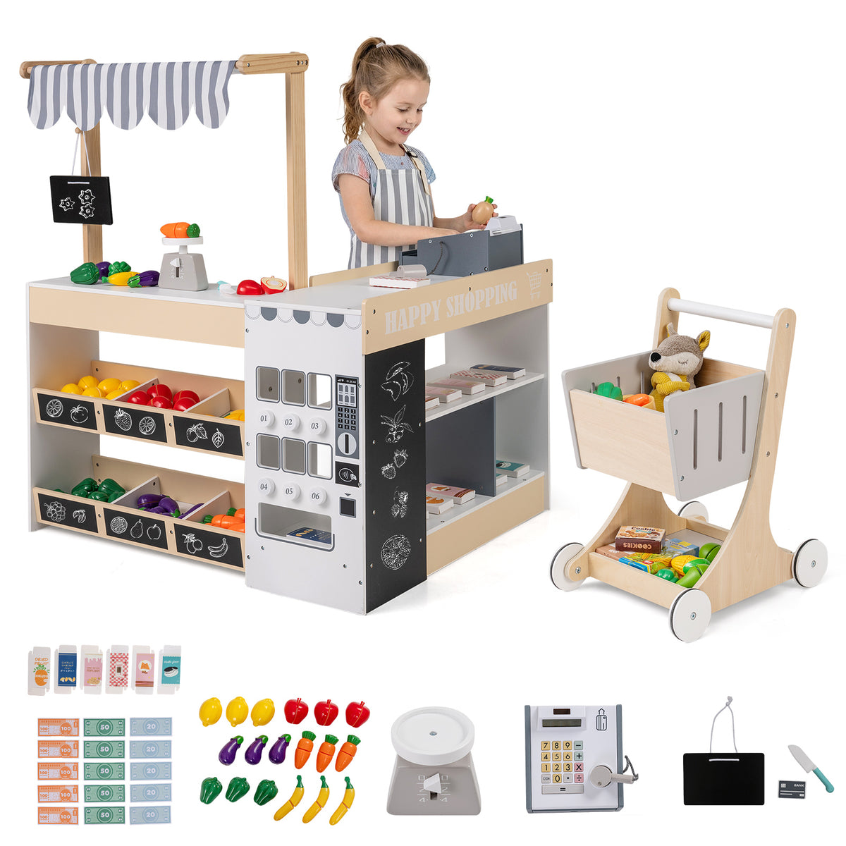 The grocery store playset with included accessories and a scale