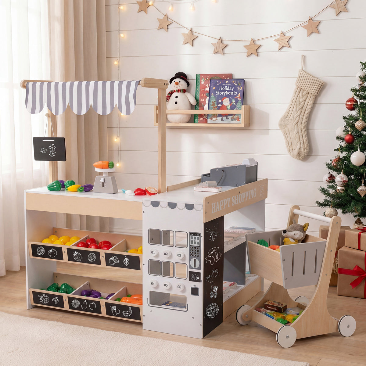 The wooden grocery store playset with a shopping cart in a festive room