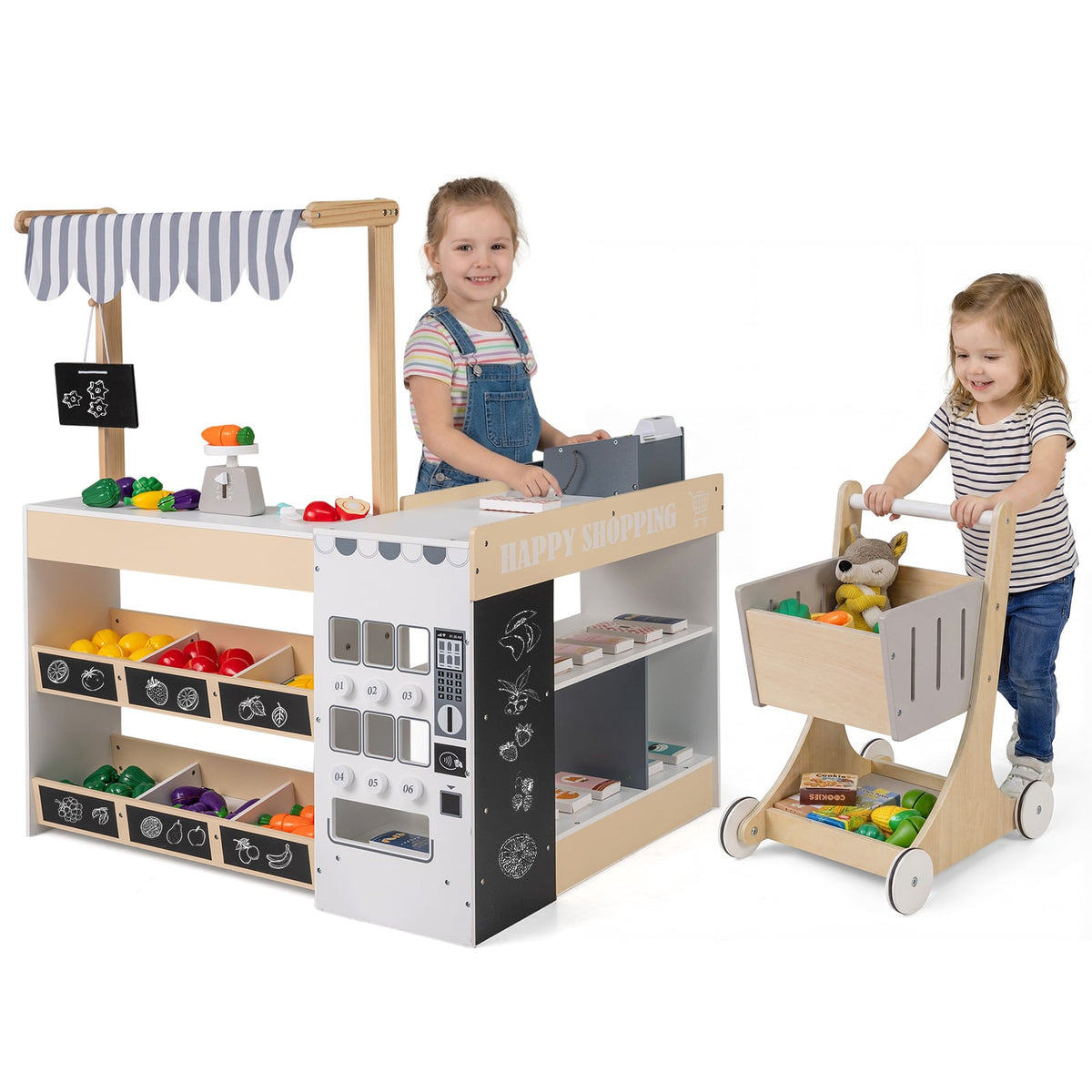 Kids Grocery Store Playset with shopping cart and two children playing