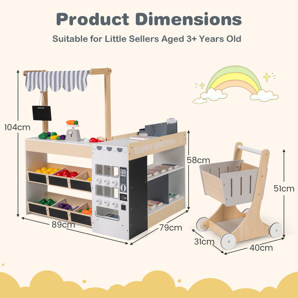 Product dimensions diagram for the grocery store playset and cart