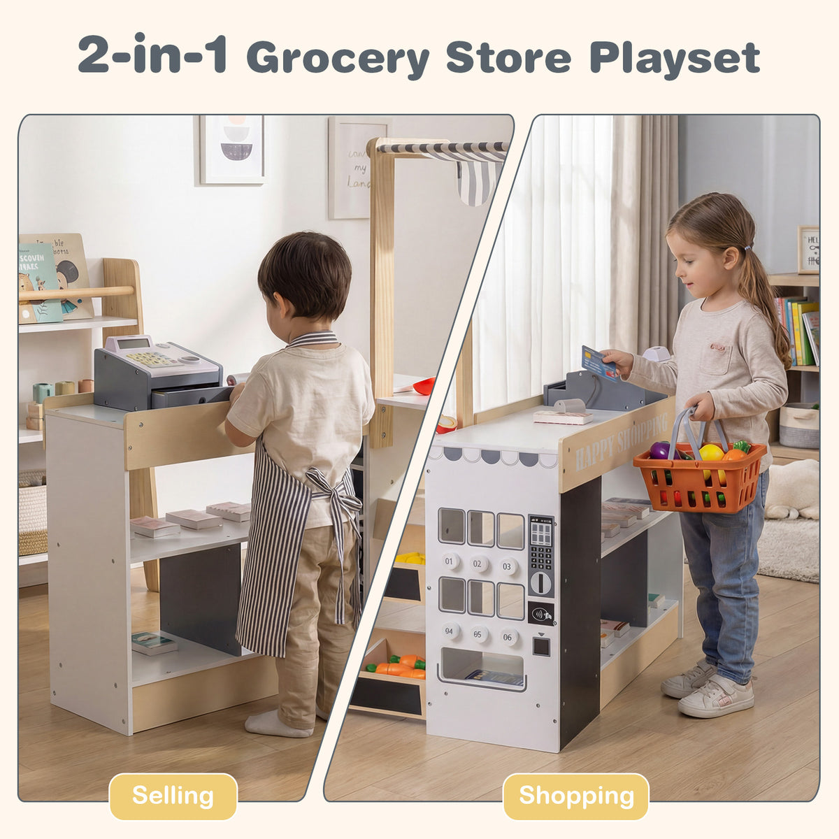 Split view showing the grocery store playset in selling and shopping modes