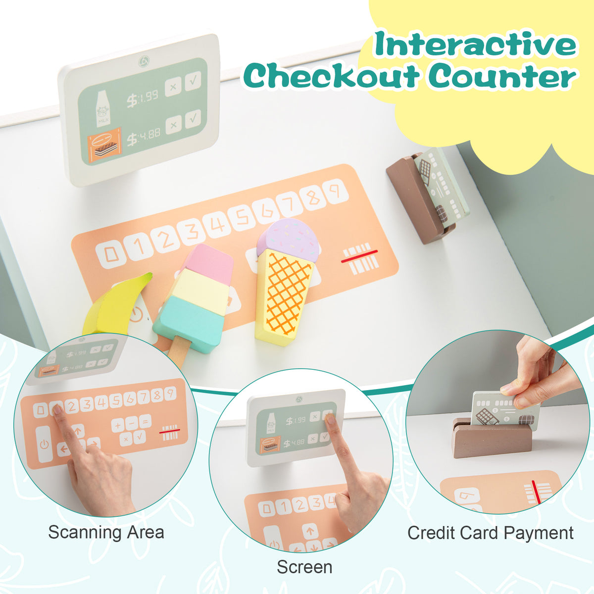 Close up of the interactive checkout counter of the wooden grocery store playset with scanning and payment options