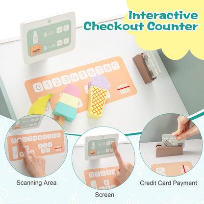 Close up of the interactive checkout counter of the wooden grocery store playset with scanning and payment options