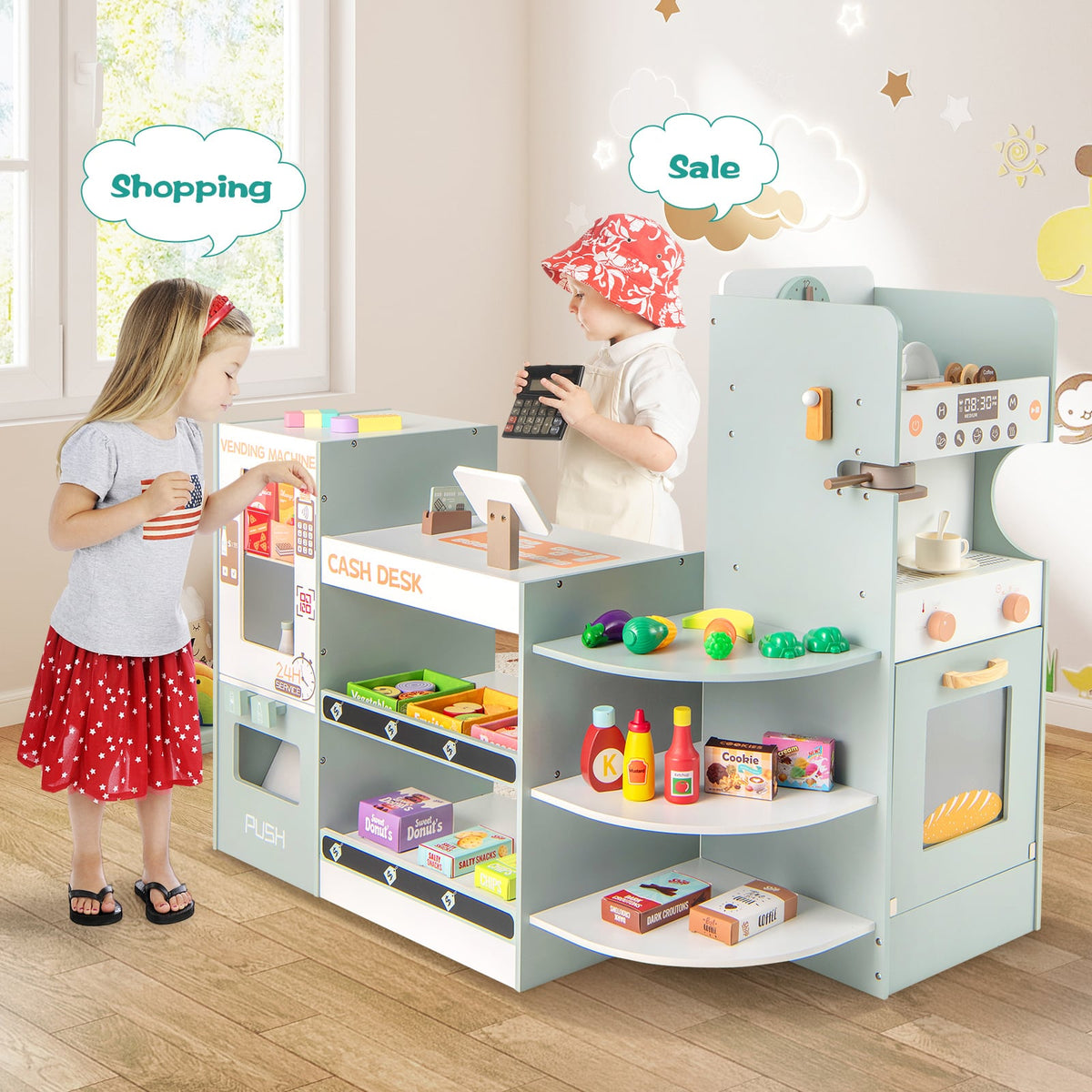 Two children playing at the wooden grocery store playset, one at the cash desk and one at the vending machine
