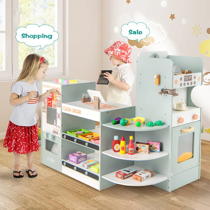 Two children playing at the wooden grocery store playset, one at the cash desk and one at the vending machine