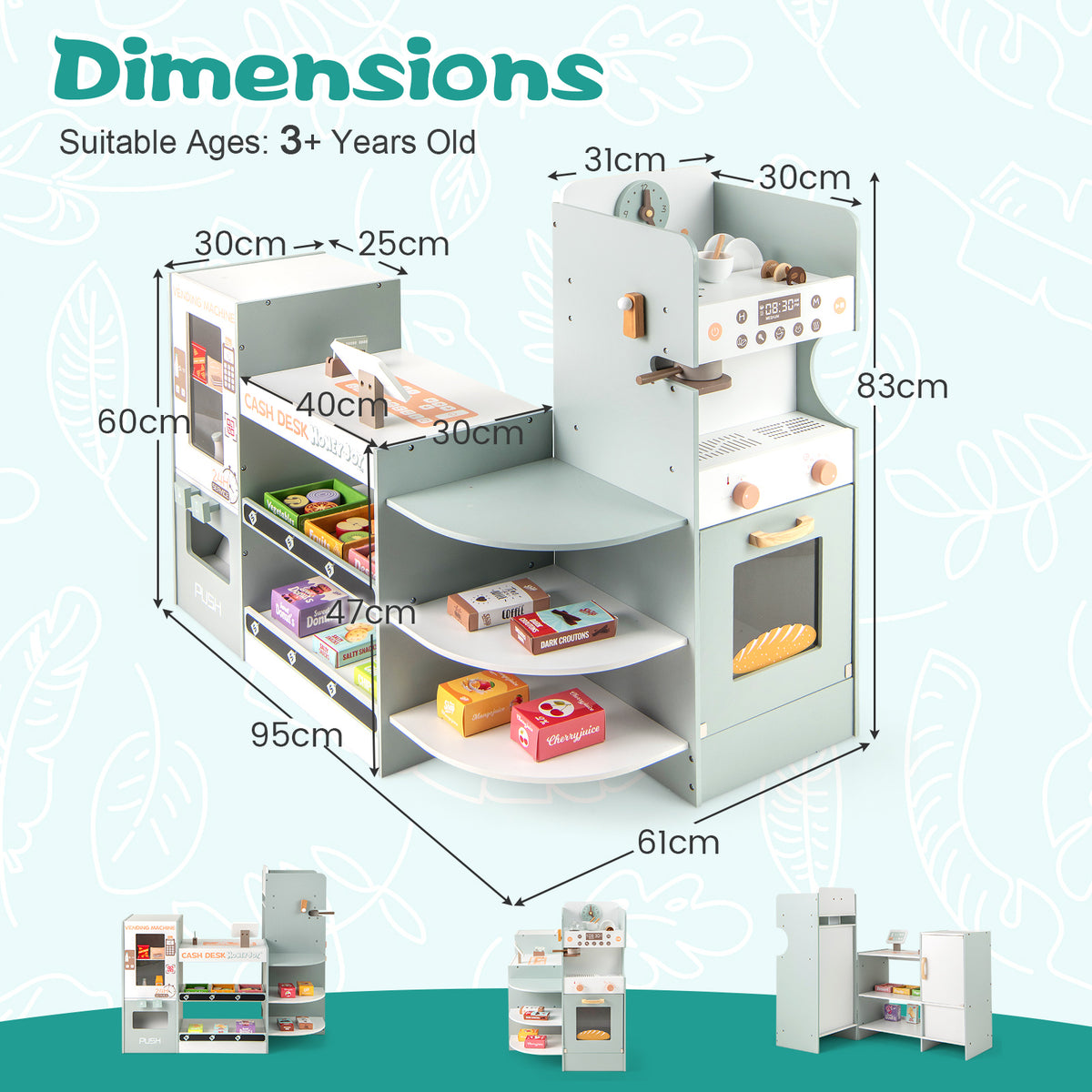 Dimensions diagram for the green wooden grocery store playset showing height and width