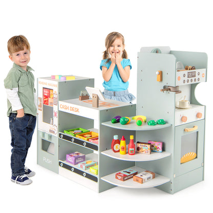 Two young children standing in front of the wooden grocery store playset