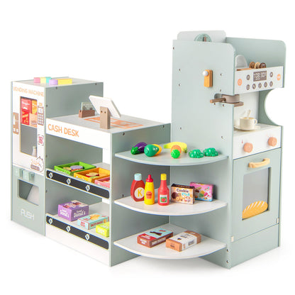 Kids Grocery Store Playset Wooden Pretend Play Supermarket with a vending machine and checkout counter