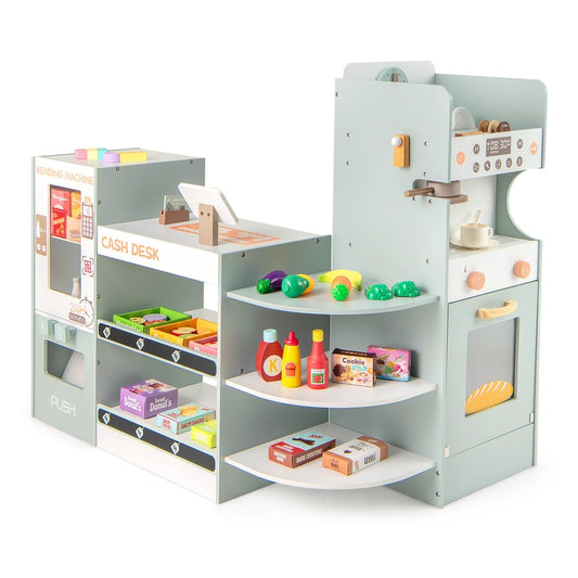 Kids Grocery Store Playset Wooden Pretend Play Supermarket with a vending machine and checkout counter