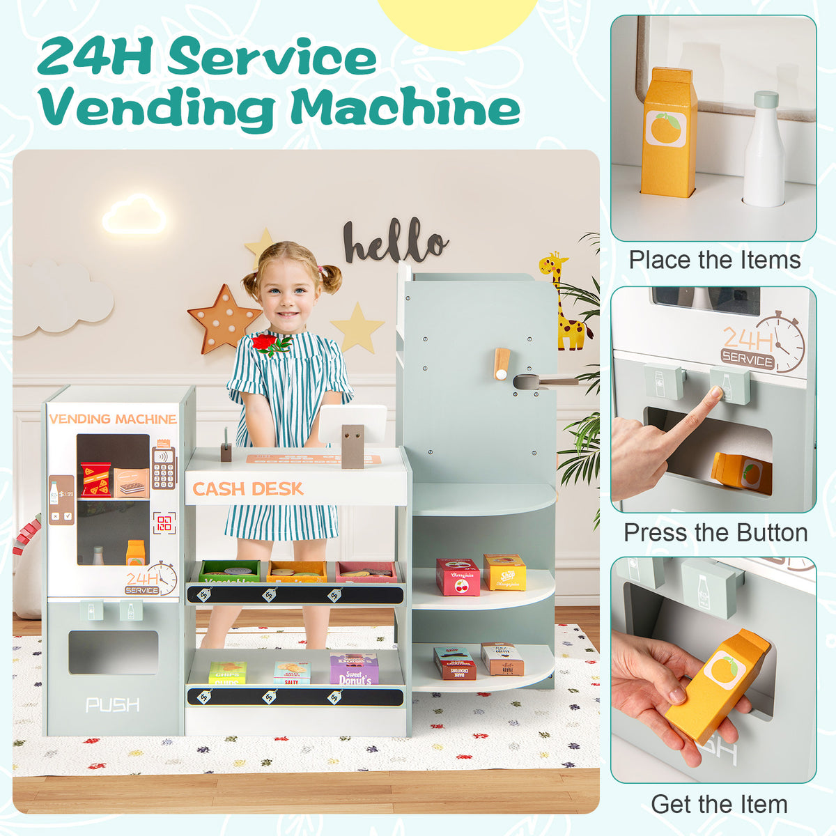 Close up of the vending machine section of the wooden grocery store playset with instructions