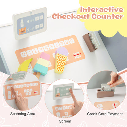 Interactive checkout counter of the pink wooden grocery store playset with scanning and payment areas