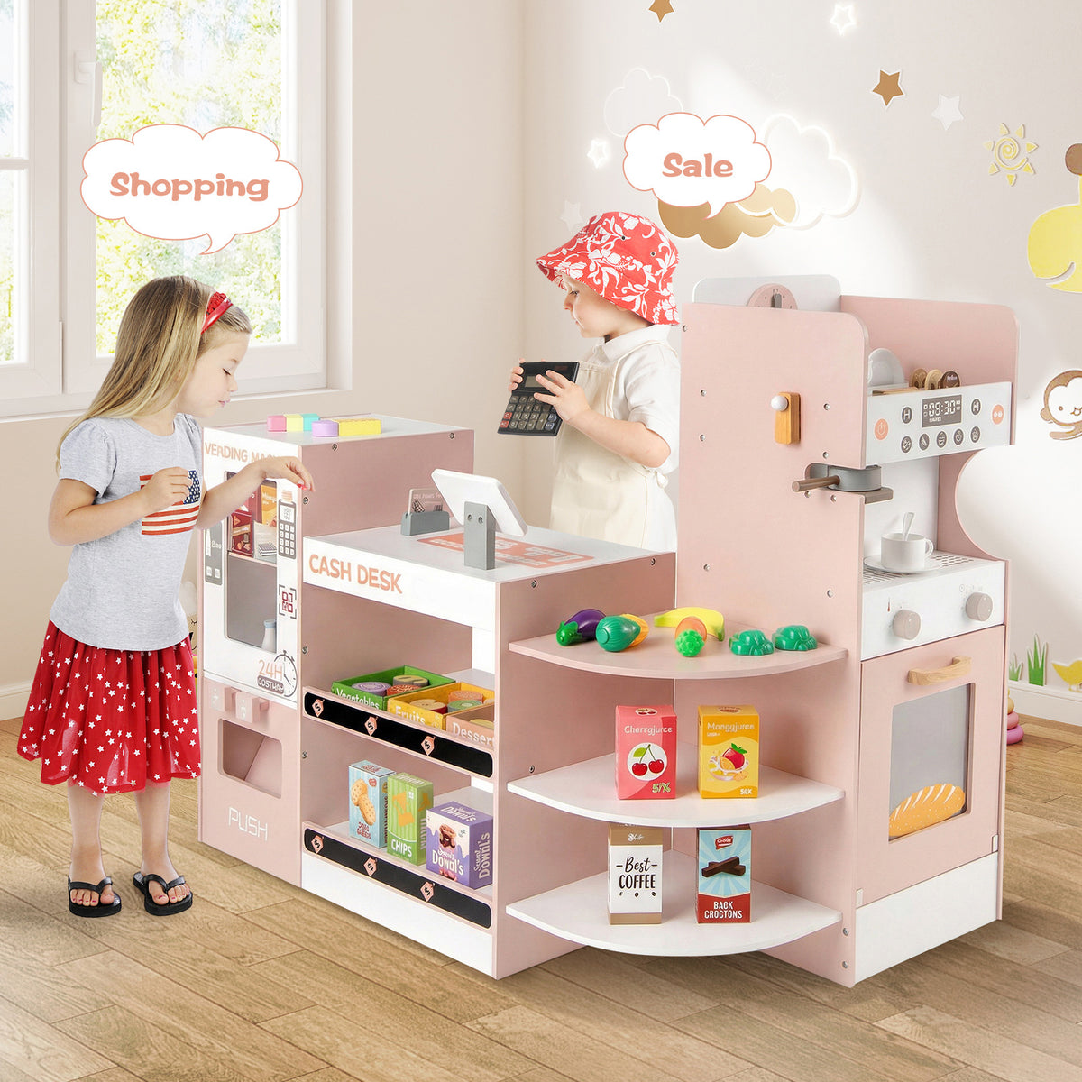 Two children playing at the pink wooden grocery store playset with shopping and sale signs