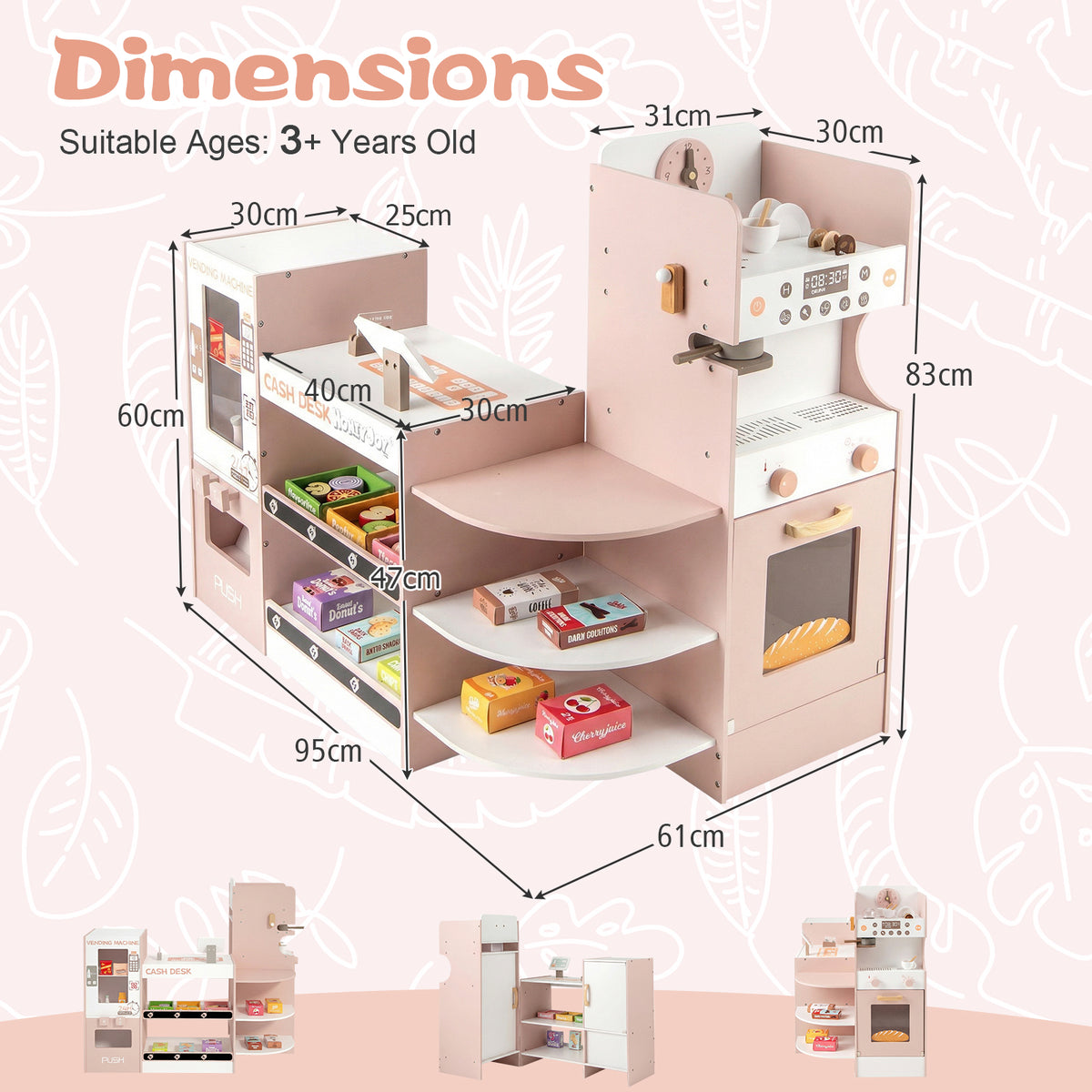 Dimensions diagram for the pink wooden grocery store playset showing measurements