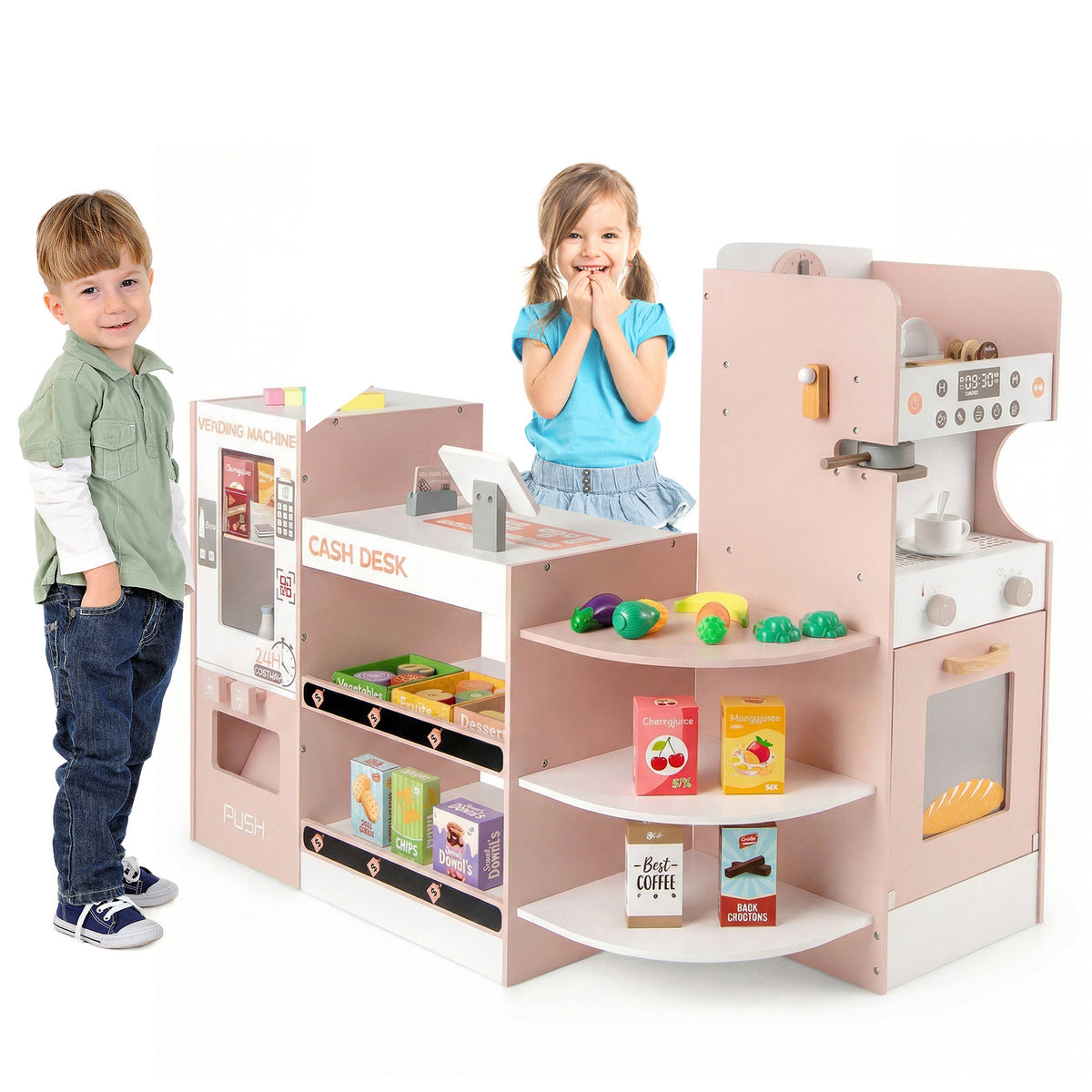 Two children standing next to the pink wooden grocery store playset