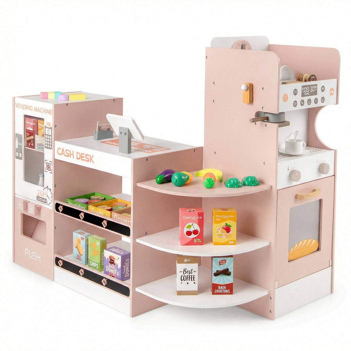 Kids Grocery Store Playset Wooden Pretend Play Supermarket in pink with a cash desk and vending machine