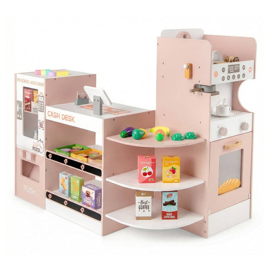 Kids Grocery Store Playset Wooden Pretend Play Supermarket in pink with a cash desk and vending machine