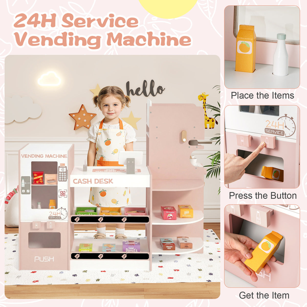Close up of the vending machine on the pink wooden grocery store playset with instructions