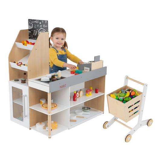 Kids Grocery Store Playset Wooden Pretend Play Supermarket with shopping cart and a child serving at the counter
