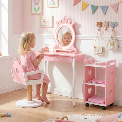 The kids vanities set with a child sitting on the chair and looking into the lighted mirror