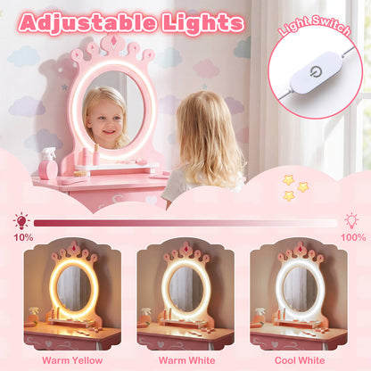The kids vanities mirror showing the different light settings and the power switch