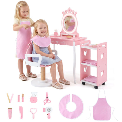 Kids Hair Salon Play Set with a girl sitting in the chair and another girl using a hairbrush