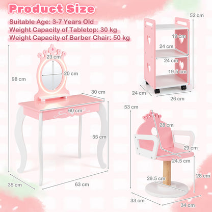 The kids vanities showing the dimensions of the table, chair and storage trolley unit