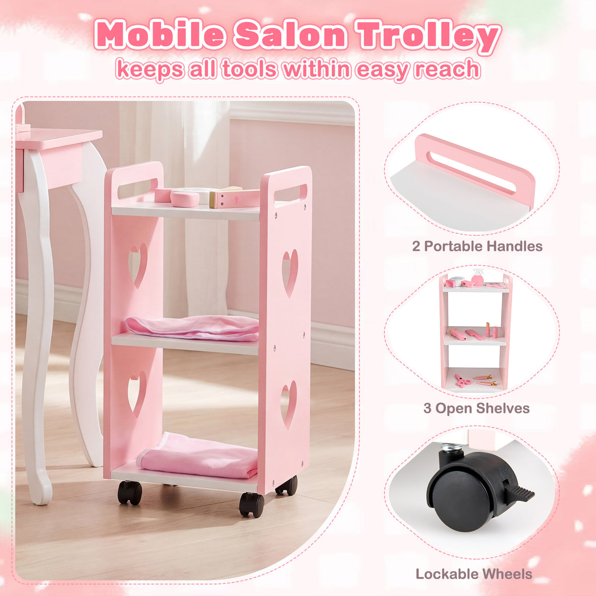 The pink mobile salon trolley with two handles and three shelves for storage