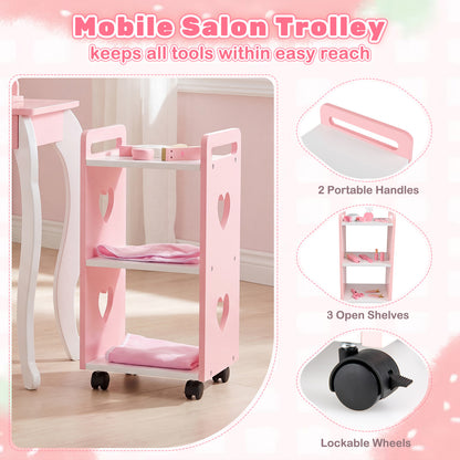 The pink mobile salon trolley with two handles and three shelves for storage