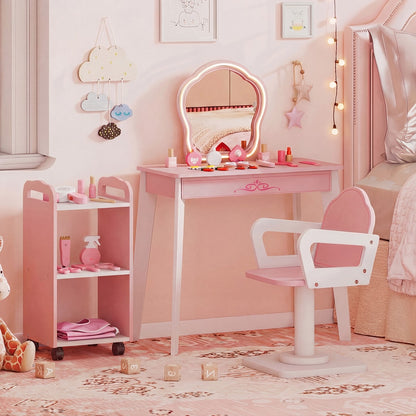 The pink wooden hair salon station with mirror and accessories in a decorated bedroom