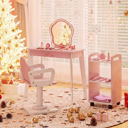 Kids vanity set with lighted mirror and accessories in a festive Christmas room setting