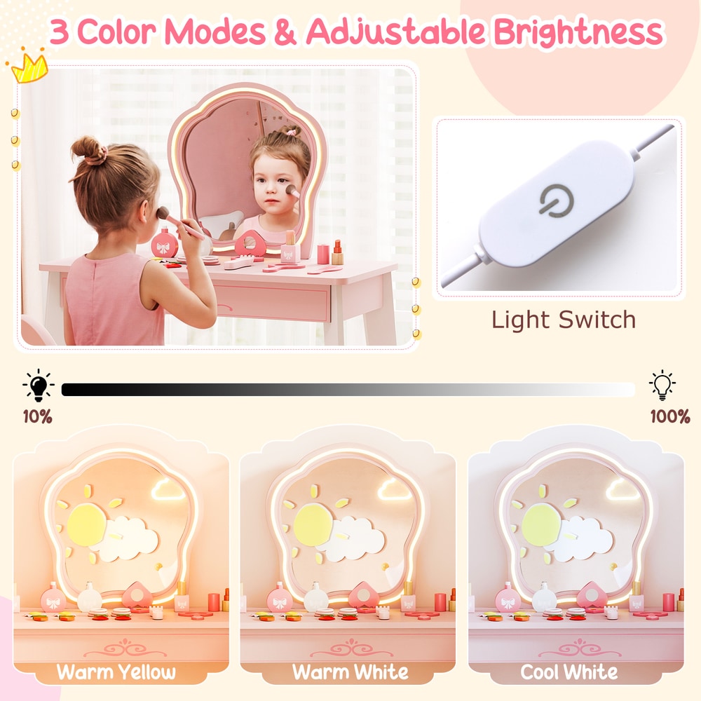 Close up of the mirror light switch and three colour modes for the vanity mirror