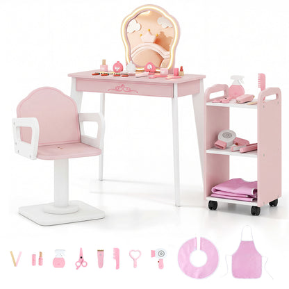 Kids Hair Salon Play Set with lighted mirror and accessories, including a chair and trolley