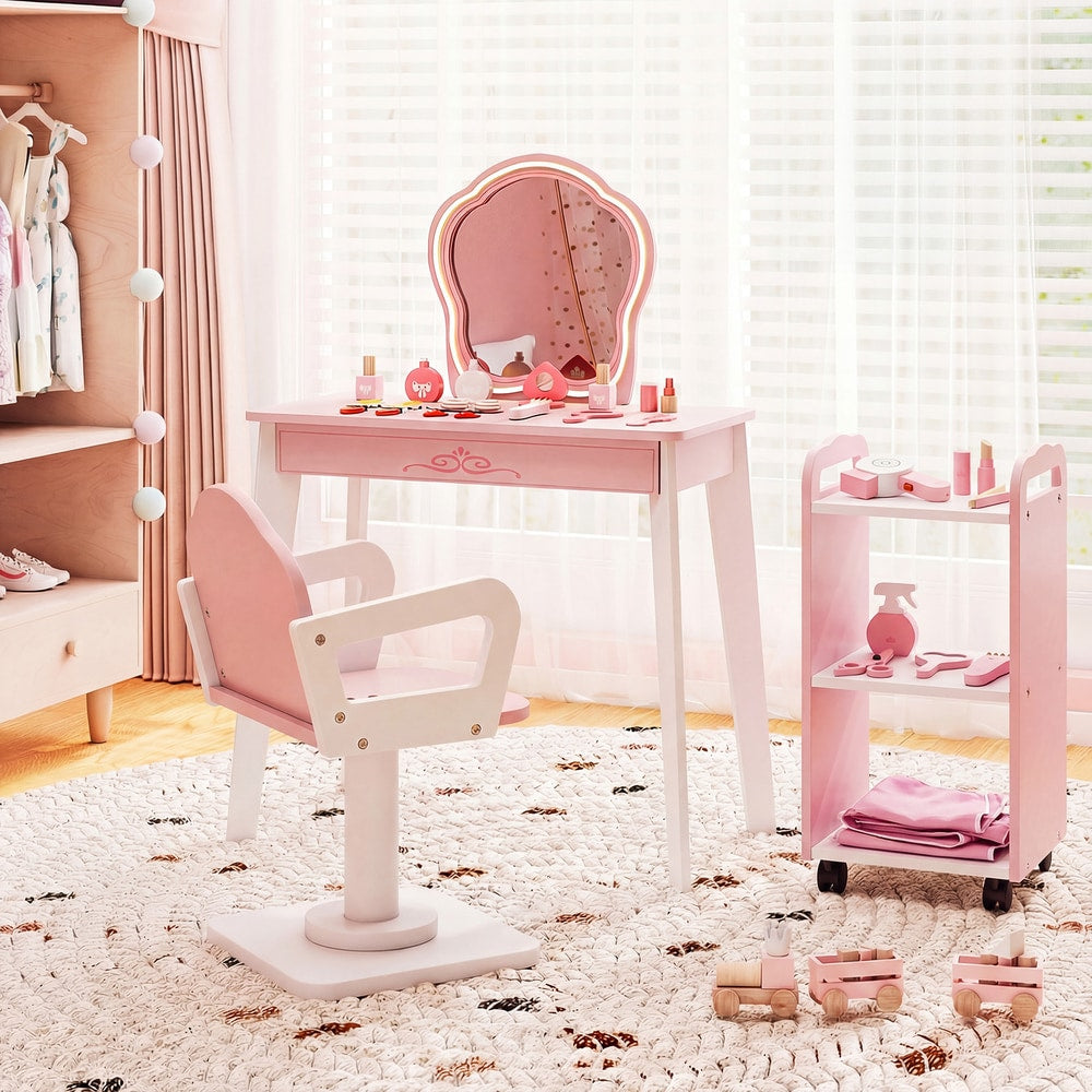 Pink wooden hair salon station with chair and trolley, with toy wooden cars on the floor