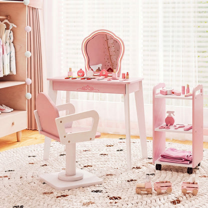 Pink wooden hair salon station with chair and trolley, with toy wooden cars on the floor