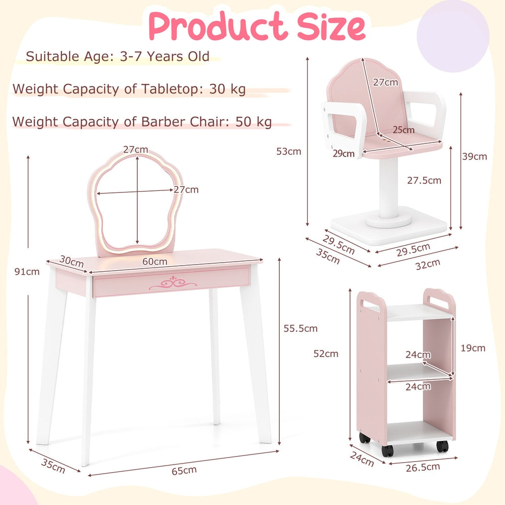 Product size diagram for the kids hair salon play set, showing dimensions of the vanity table, chair and storage trolley