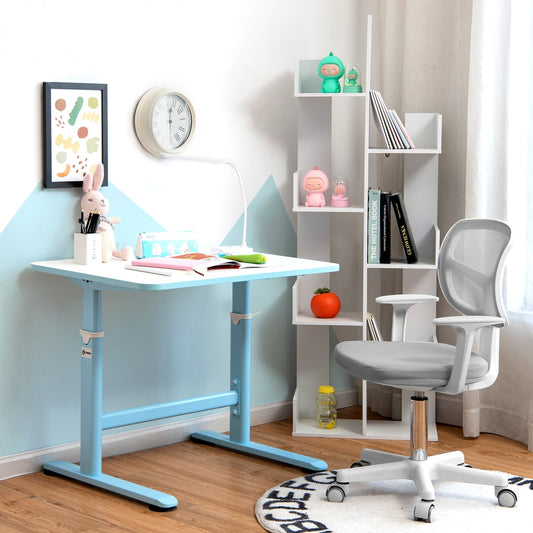 The grey kids computer chair is shown next to a height-adjustable desk in a child's room