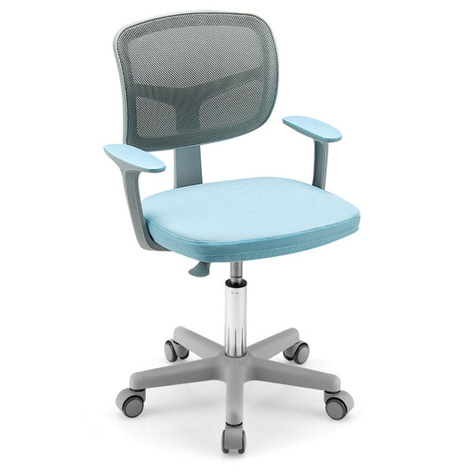 Kids Height-Adjustable Swivel Computer Desk Chair with Lumbar Support in blue on a white background