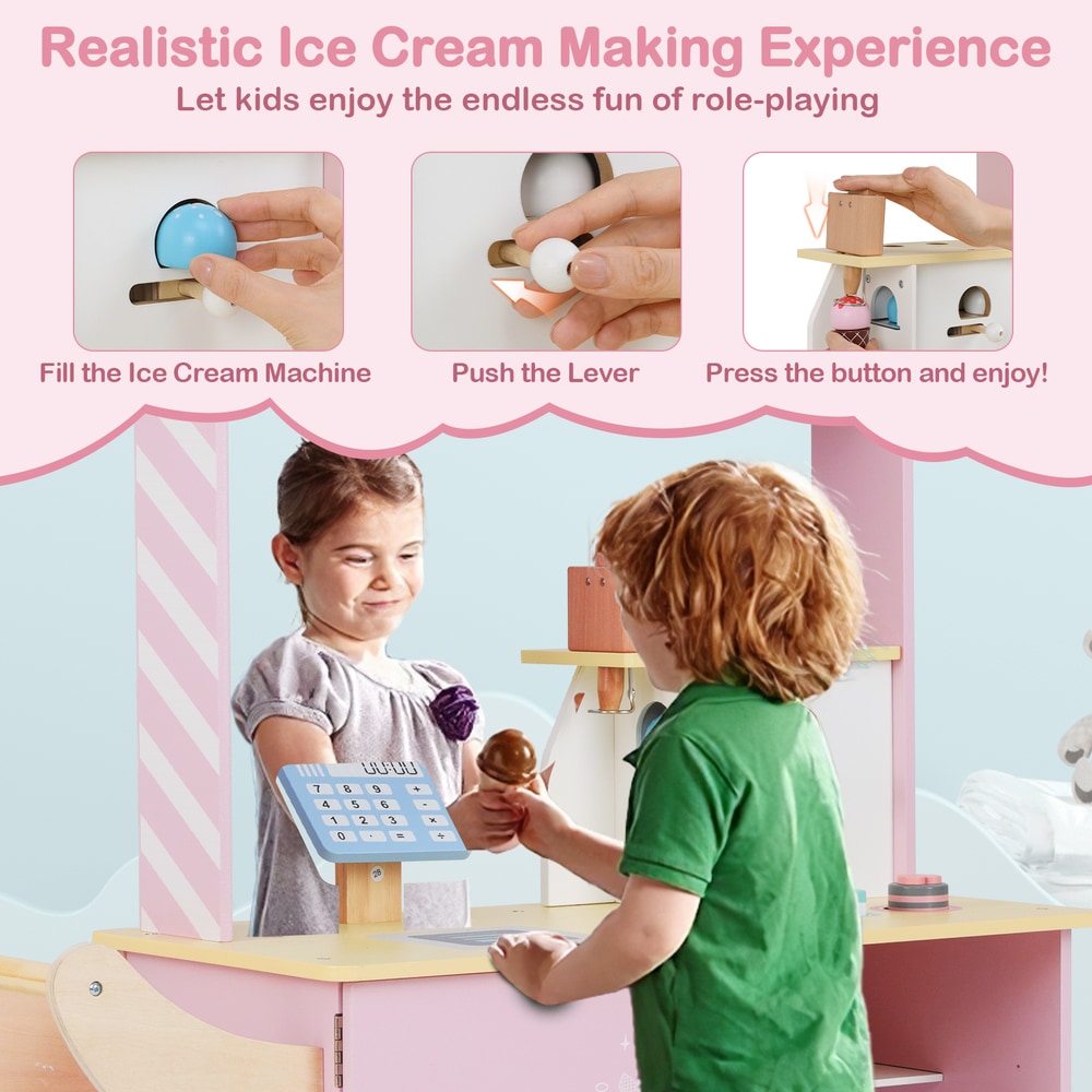 Children demonstrating how to use the ice cream cart truck pretend play set