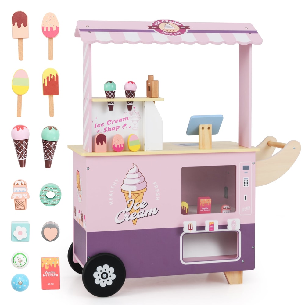 Kids Ice Cream Cart Truck Pretend Play Set with various ice cream toys and accessories laid out