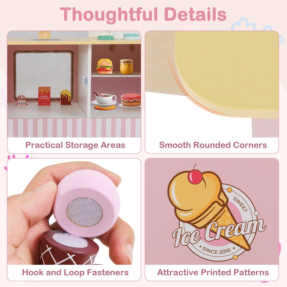 Close-up details of the pink ice cream cart truck play kitchen set, showing storage and patterns