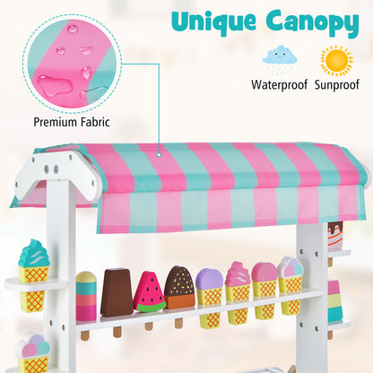 Close up of the play kitchen set canopy showing premium fabric with water droplets and sun icon
