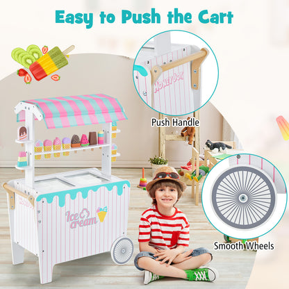 A boy pushing the kids ice cream cart, showing the push handle and smooth wheels