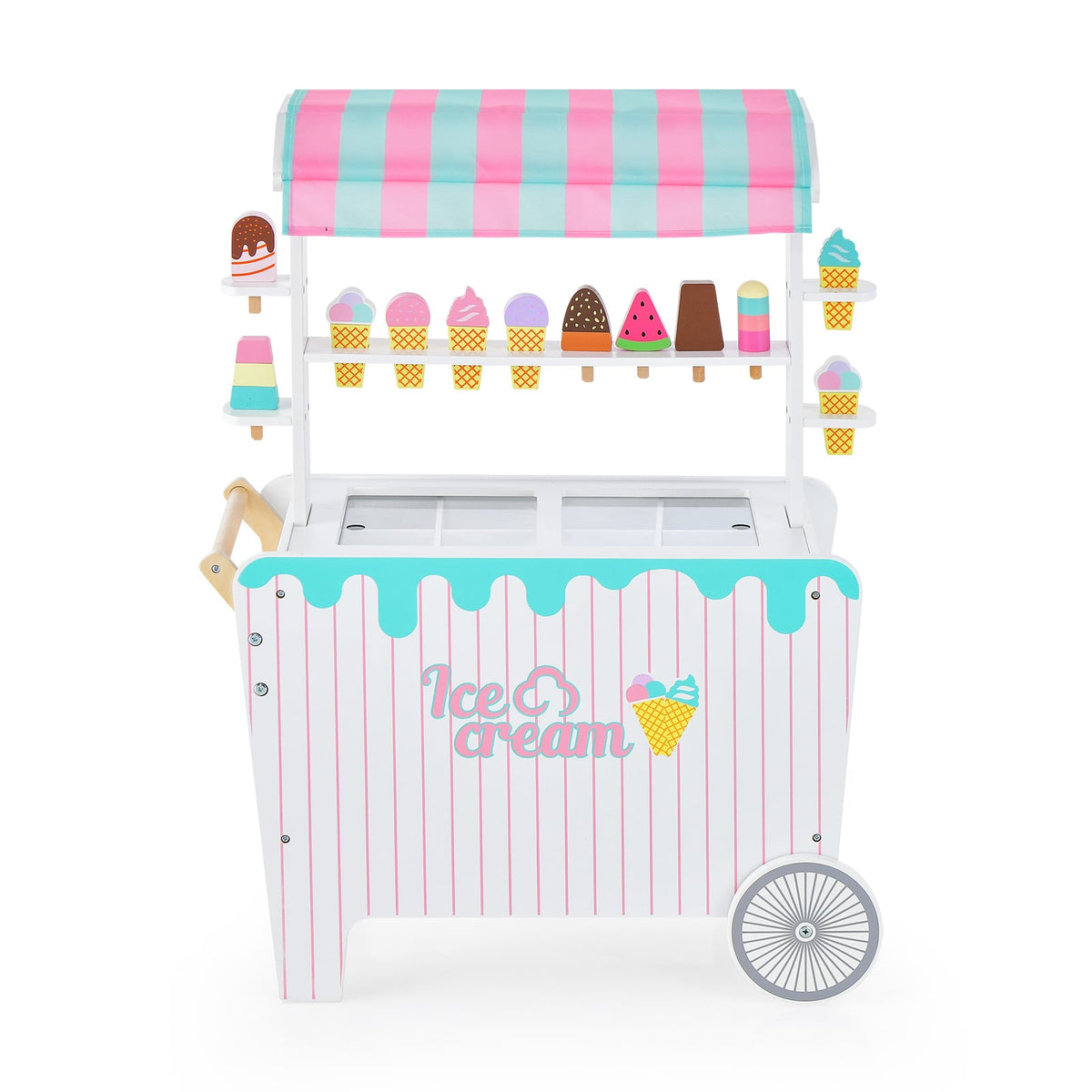 Kid's Ice Cream Cart with Unique Canopy, a wooden play kitchen set with a striped canopy and ice cream decorations