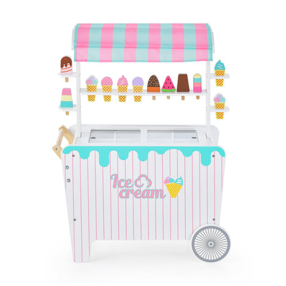 Kid's Ice Cream Cart with Unique Canopy, a wooden play kitchen set with a striped canopy and ice cream decorations