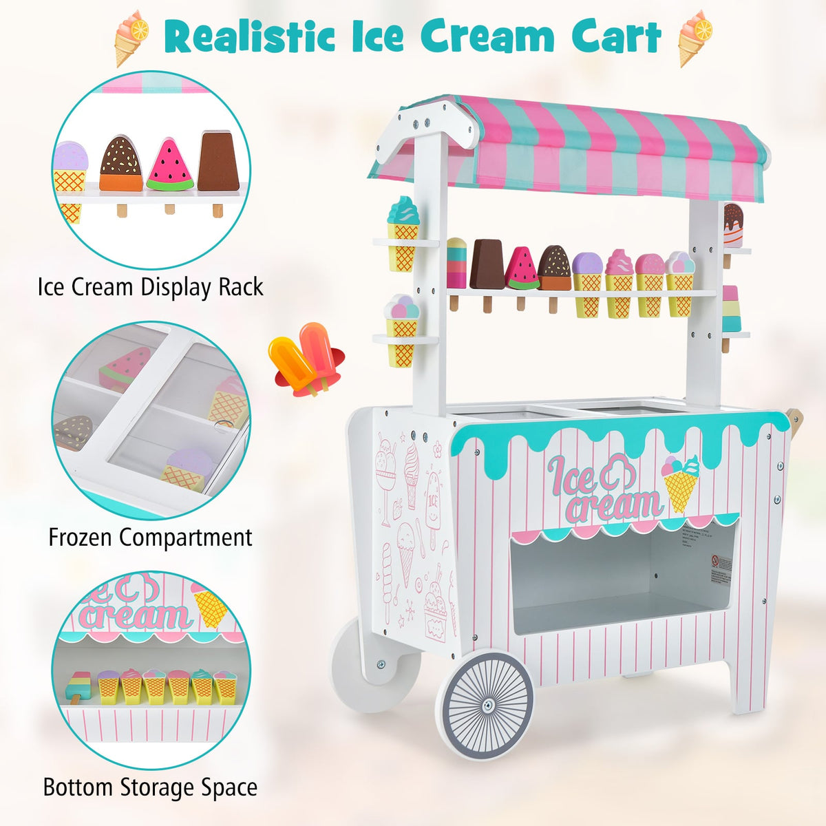 The kids ice cream cart shows the ice cream display rack, frozen compartment and bottom storage
