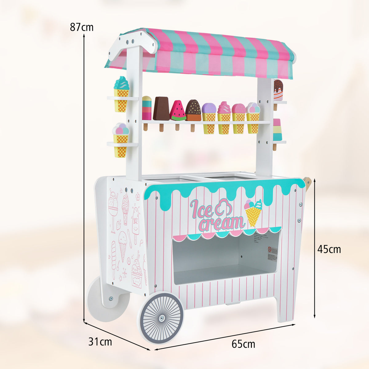 Kids ice cream cart with dimensions shown for height, width and depth