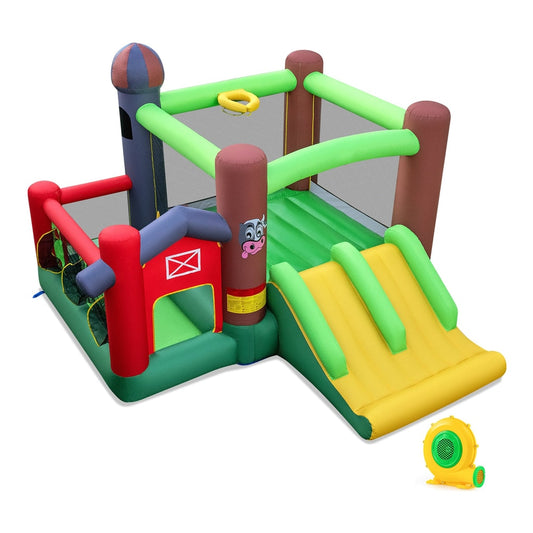 Kids Inflatable Bounce House with dual slides and ball pit in a farm theme